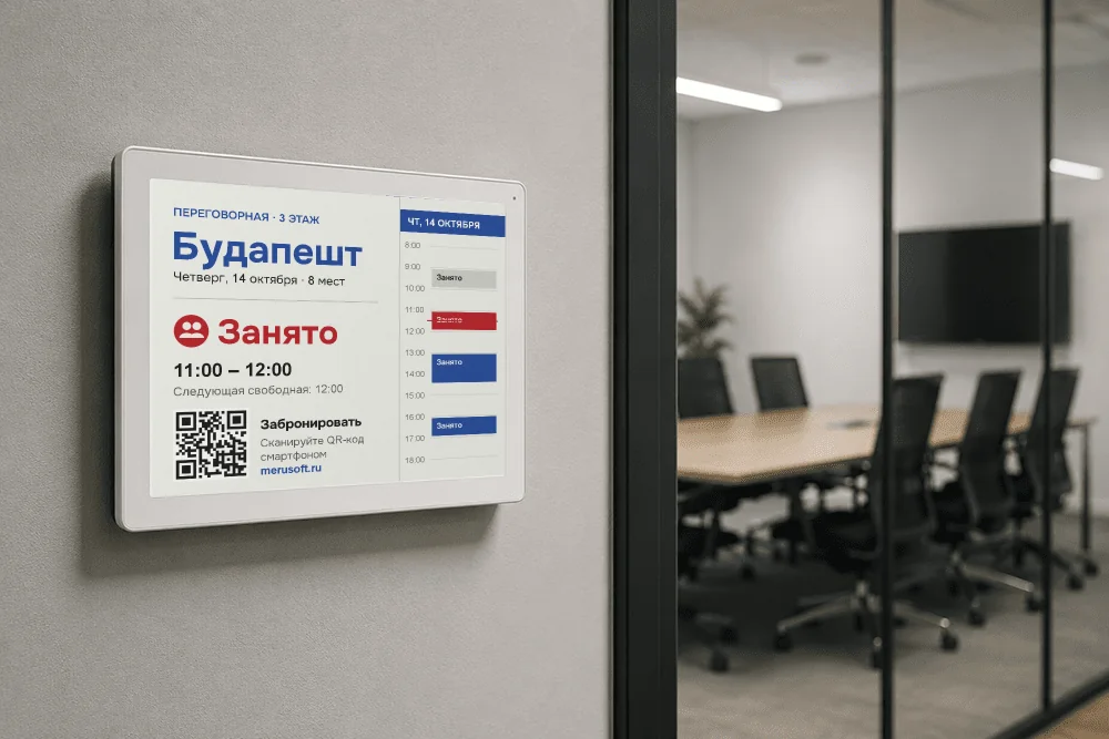 E-Ink дисплей у двери переговорной: статус «Занято» и расписание на день