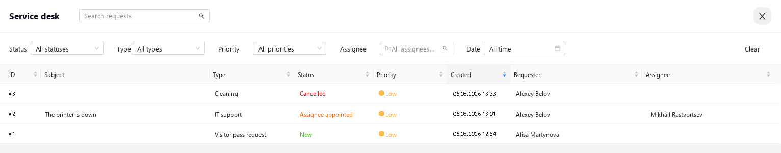 The Service Desk widget: a single list with search and filters by status, type, priority, assignee and period