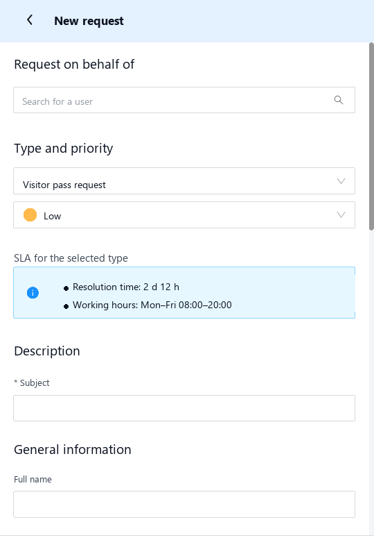 Submitting a request from a phone: type, priority, SLA and form fields on a single screen