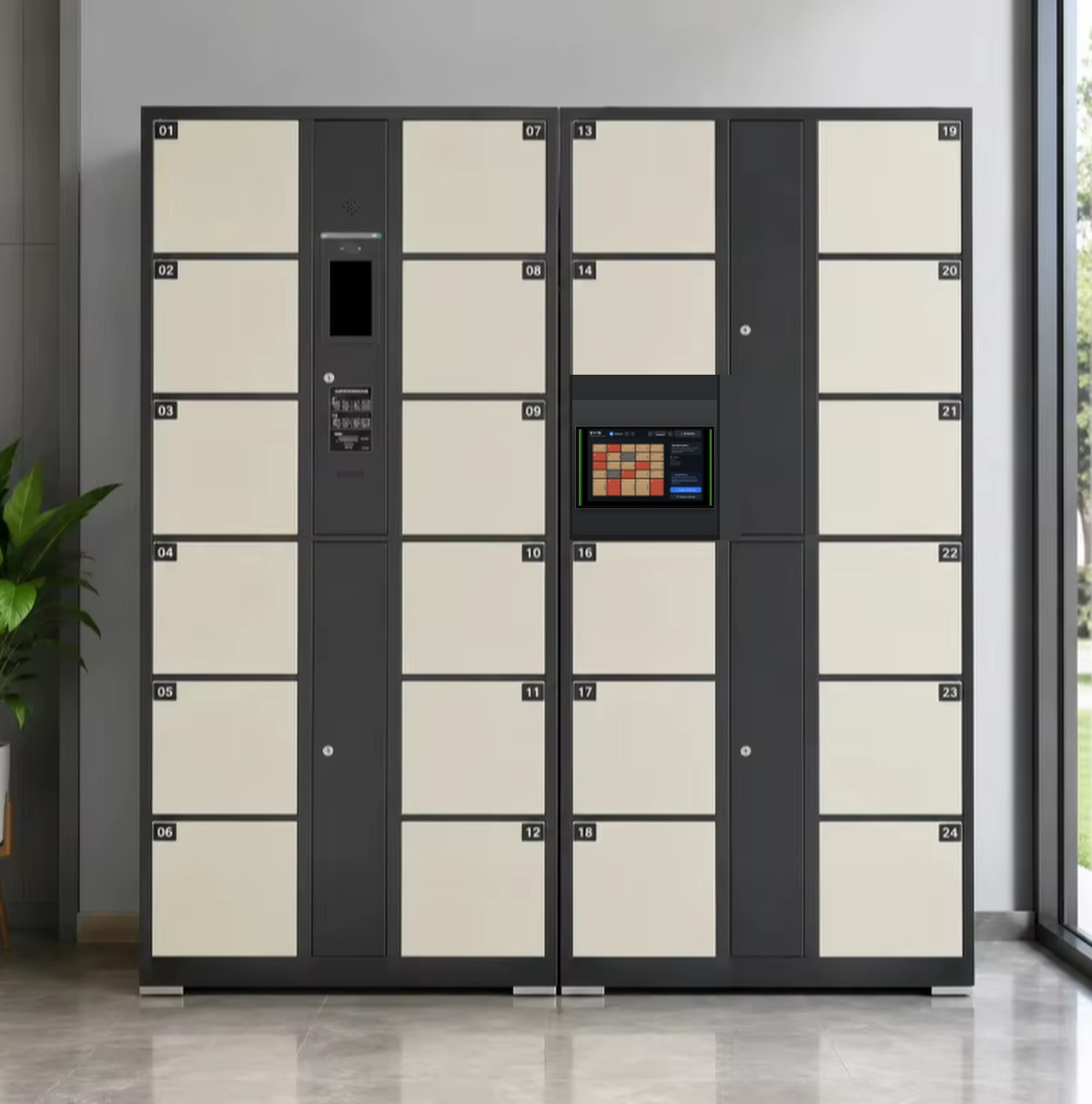 A locker cabinet with a Merusoft touch panel in a business centre